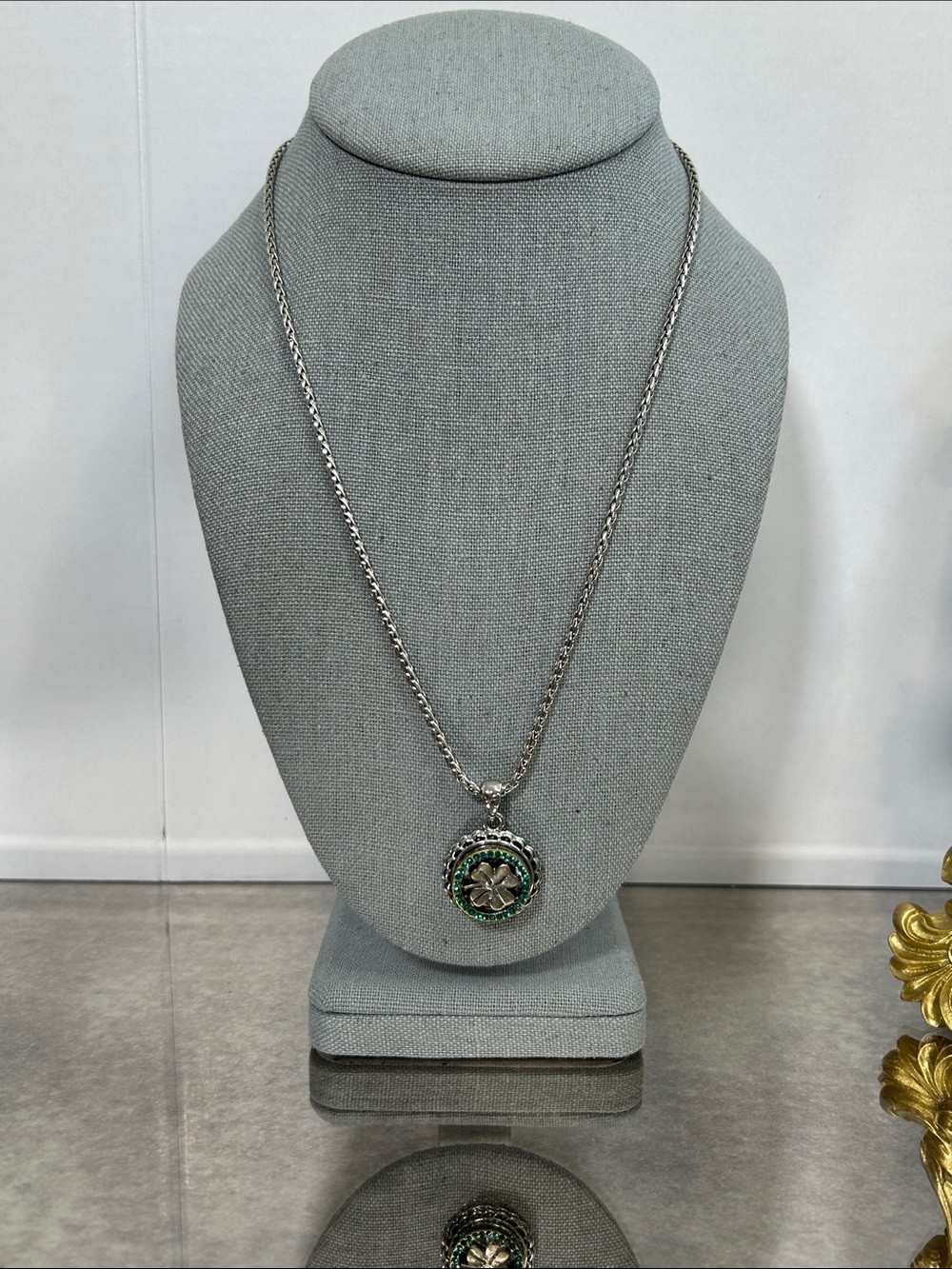 Silver-Tone Clover Pendant Necklace with Green Accents